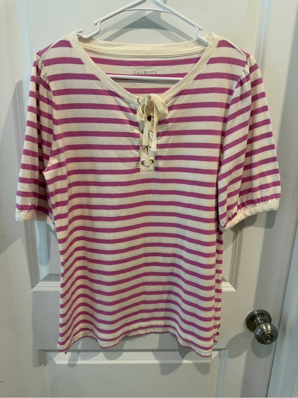 Talbots Pink and Cream Striped Lace-Up Short Sleeve Top